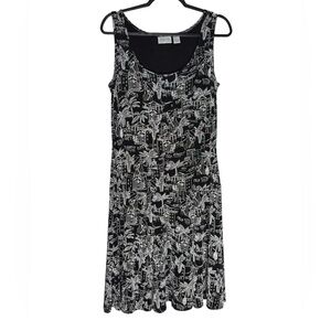 Chicos Travelers Tank Dress Medium Black White Graphic Slinky Resort Sleeveless